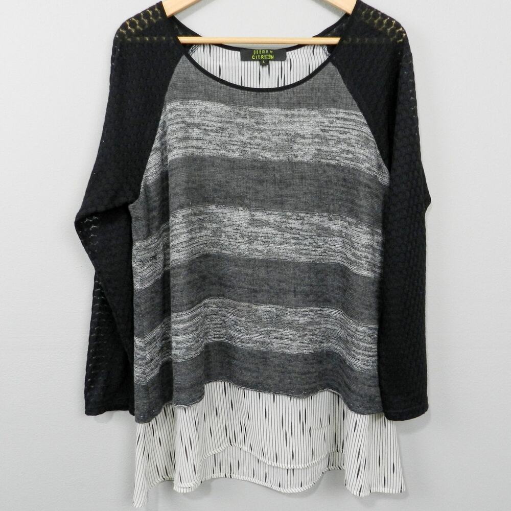 Poeme by Citron Layered Stripe Pullover Sweater‎ Size L Gray Cream Raglan FLAW